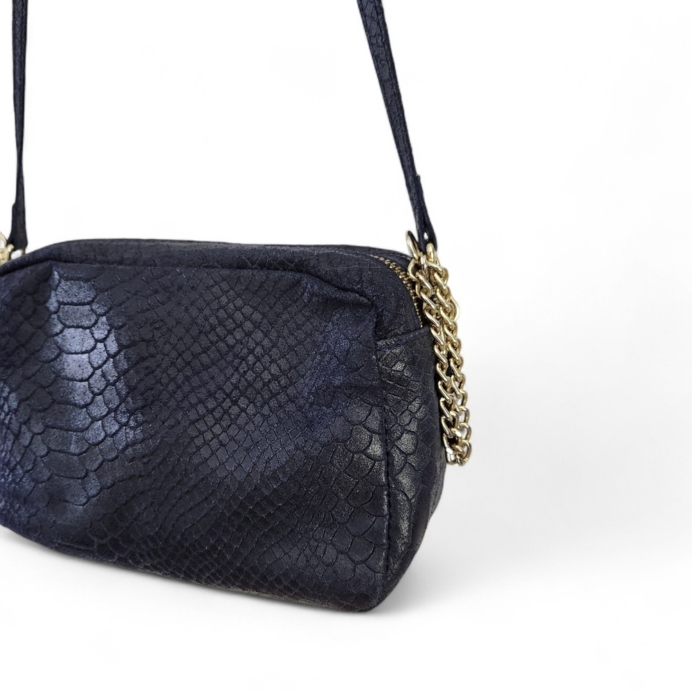 Dark Navy Genuine Leather Crossbody Bag – Python Texture Double-Zip - Picture 4 of 14